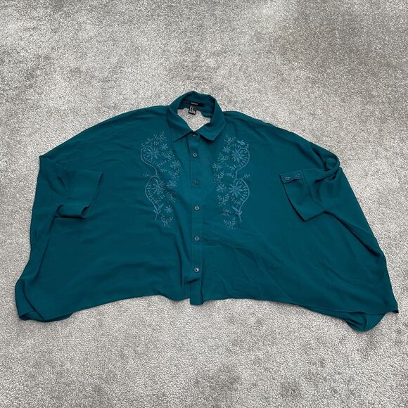Forever 21 Oversized Cropped Sheer Shirt Womens Small Green Embroidered Casual - Picture 1 of 10